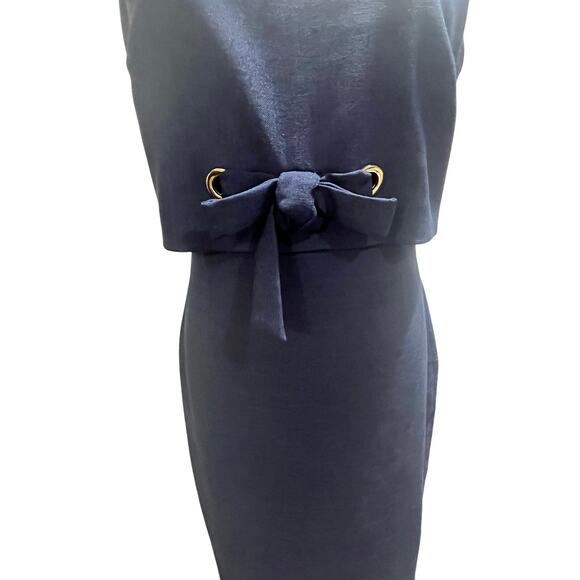 Badgley Mischka Blue Grommet Sheath Bateau Neckline Bow Retro Mini Dress Sz 6 - Picture 3 of 10